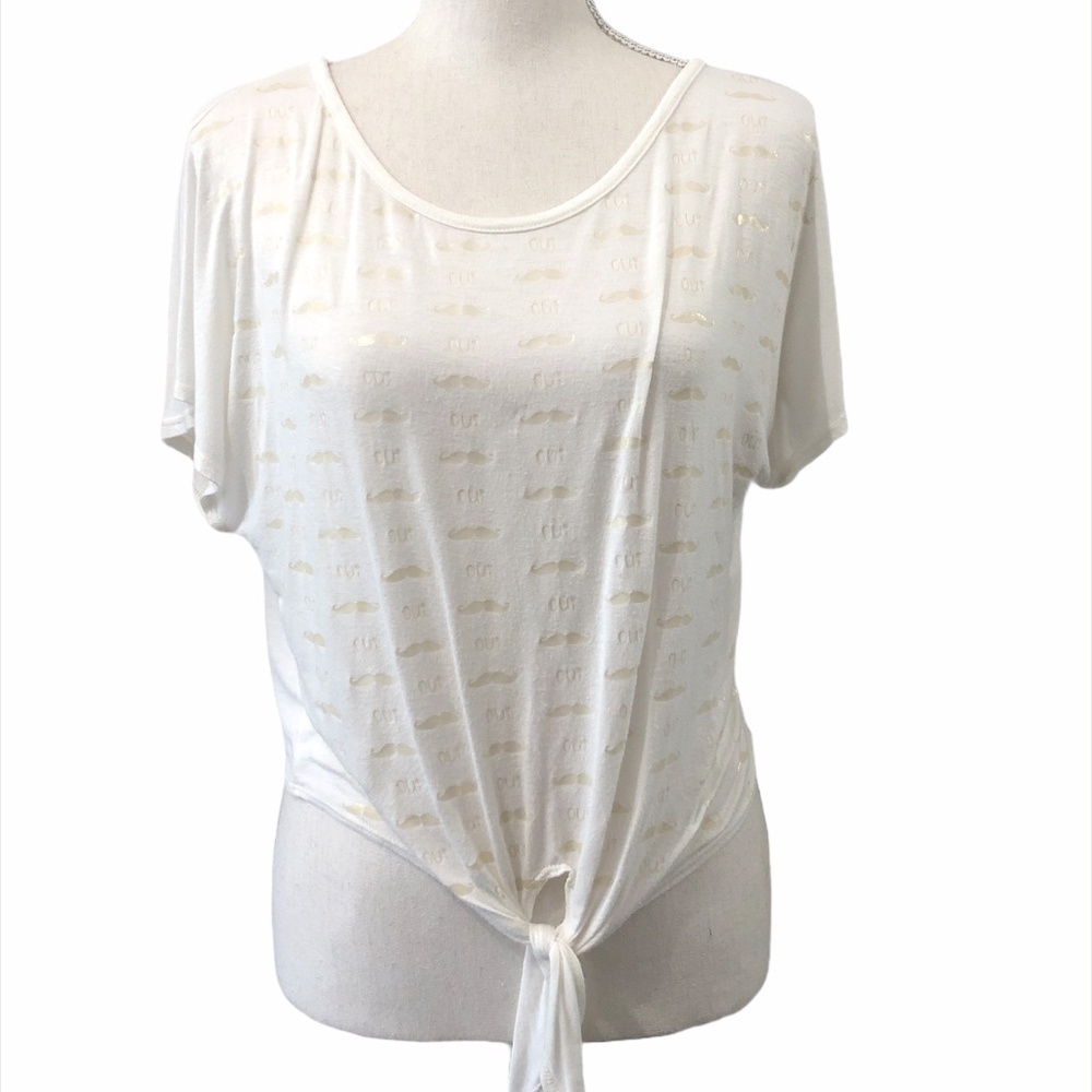 PINK BERRY Mustache Oui Top Women's Size Medium Gold White Novelty Print